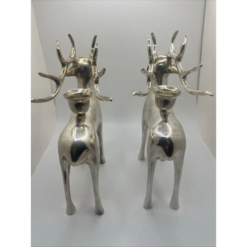 Set 2, Pottery Barn Silver Plate Reindeer Taper Candle Holder Christmas Heavy 8”